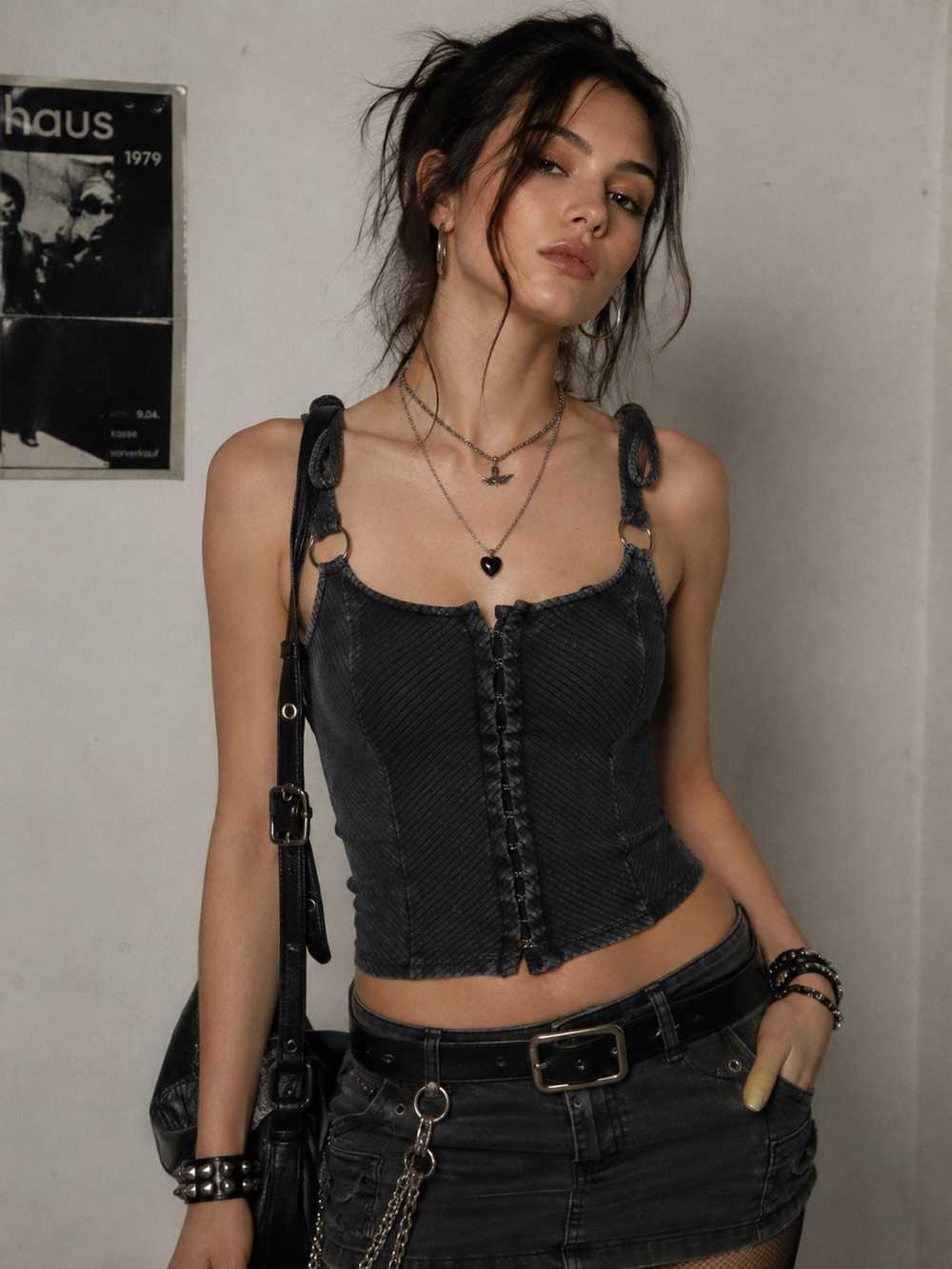 Gilded Intent Buckle Cami Tank Top S Washed Black Ribbed Corset Y2K Grunge